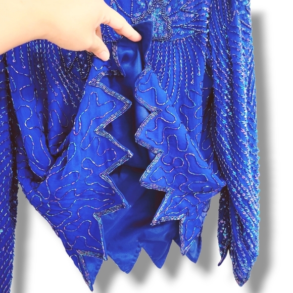 Denise Elle Royal Blue Beaded 100% Silk Formal Blouse Top‎ Size Medium - Picture 5 of 7